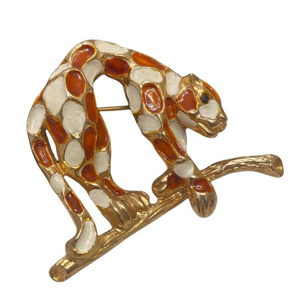 Vintage Jewelry - Vintage Gold And Enamel Jaguar Brooch Or Pin